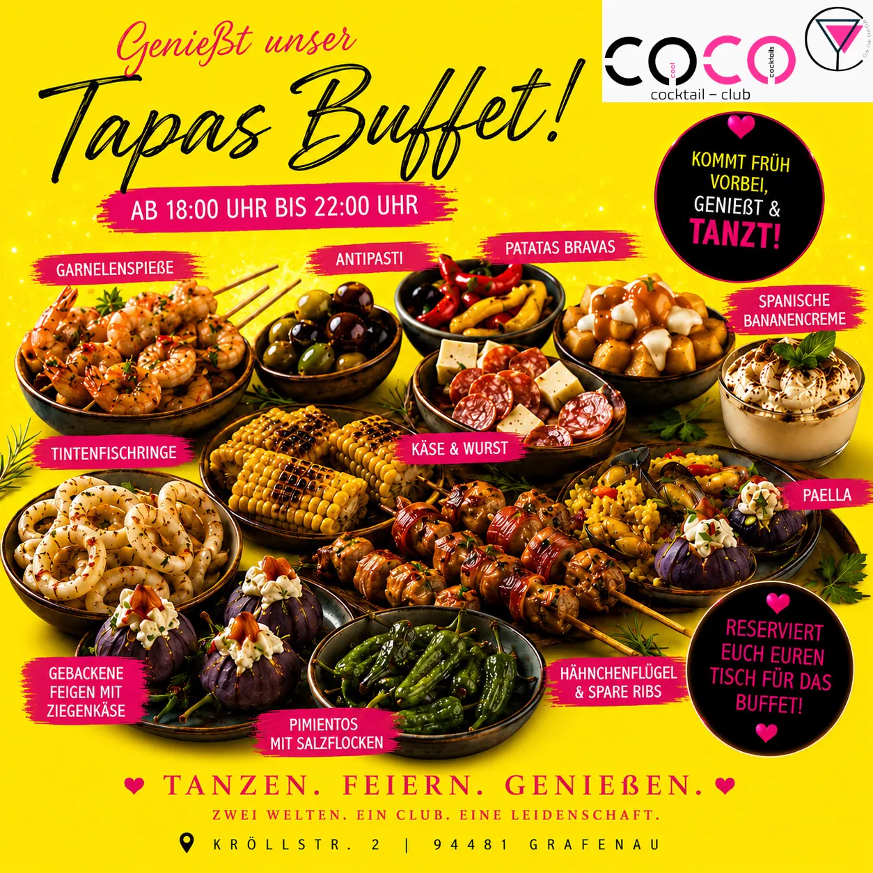 Tapas Buffet von 18:00 bis 22:00 Uhr mit Garnelenspießen, Paella, Antipasti, Patatas Bravas und vielem mehr.